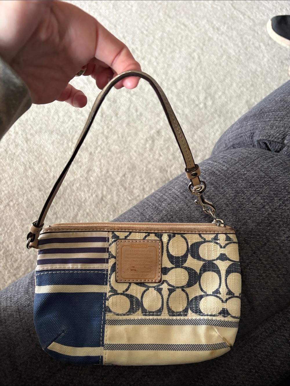Coach Navy and Cream Signature Patchwork Wristlet with Tan Trim